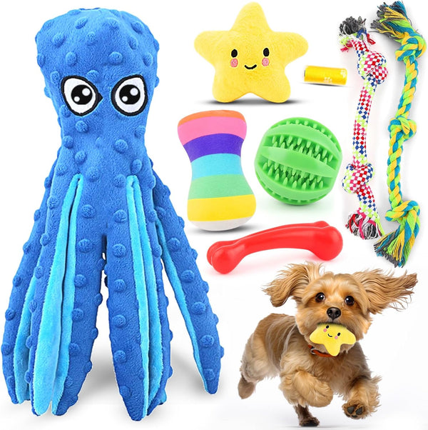 Puppy Toys 8 Pack for Small Dogs, Luxury Christmas Dog Chew Toys with Squeaky Plush Toys, Rope Toys and Ball, Teething Toys for Puppy Supplies (Blue)