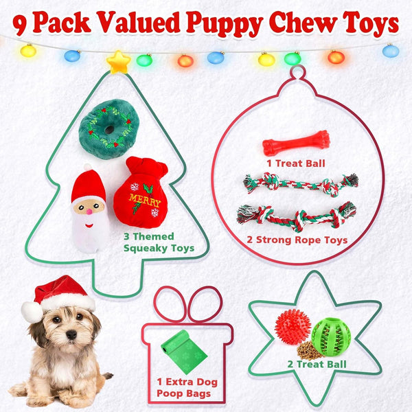 Christmas Dog Toys, 9 Pack Luxury Puppy Chew Toy, Cotton Squeaky Plush Toys for Small Dogs, Durable Interactive Rope Treat Dog Ball and Bones, Rubber Teething Toys for Puppies Dogs