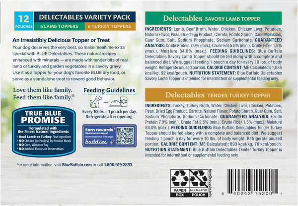 Delectables Natural Wet Dog Food Topper Variety Pack, Lamb & Turkey Dinner 3-Oz (12 Pack - 6 of Each Flavor)