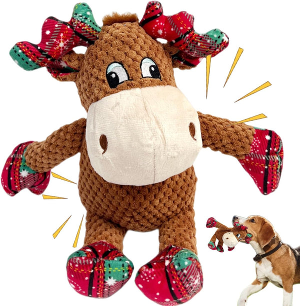 Christmas Dog Squeaky Toys with Crinkle, Xmas Interactive Plush Dog Toys, Dog Enrichment Chew Toys to Keep Them Busy, Dog Toys for Small Medium Large Dogs, Puppy Toys - Deer