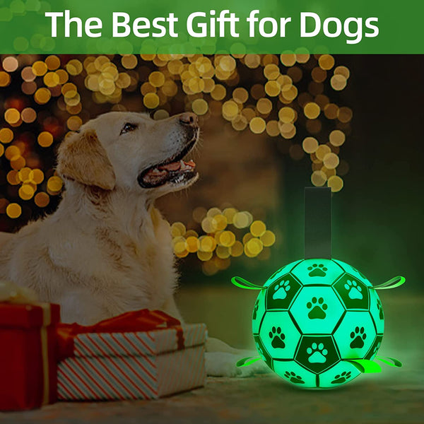 Glow in the Dark Dog Toys Soccer Ball with Straps, Outdoor Interactive Dog Toys Puppy Birthday Gifts, Dog Tug Water Toy, Light up Dog Balls for Small & Medium Dogs（6 Inch Size 2）