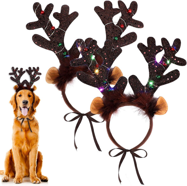 2 Pack Dog Cat Light up Christmas Reindeer Headbands LED Deer Headwear Party Hats for Pets Christmas Party Favors