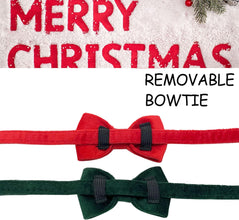 2 Pcs Velvet Christmas Cat Collars Breakaway with Bell, Xmas Cat Bow Tie Collars Holiday Bowie for Cats Kitten