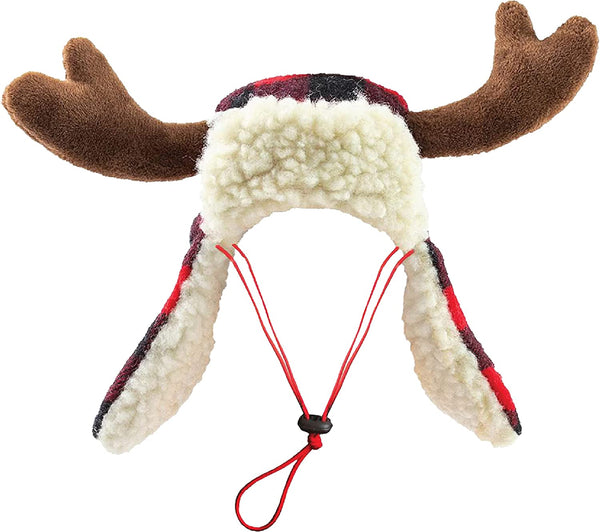 Pet Hat | Antler Buffalo Check (Large) | Festive Christmas Holiday Accessory for Dogs/Cats | Holiday Pet Hat | Snugfit Sliding Toggles for Best Fit