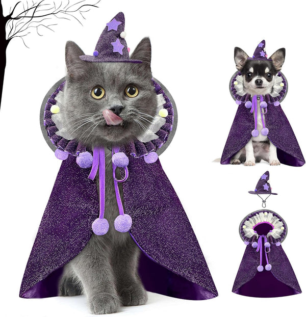 Pet Halloween Costume with Hat, Dog Clothes Cosplay Wizard Cloak for Small Puppy Kitten Animal, Shiny Cat Outfit Suit for Party Holiday Christmas, Purple