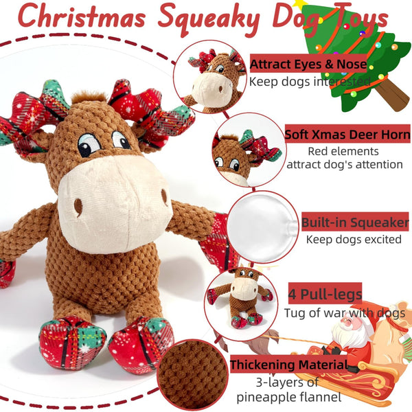 Christmas Dog Squeaky Toys with Crinkle, Xmas Interactive Plush Dog Toys, Dog Enrichment Chew Toys to Keep Them Busy, Dog Toys for Small Medium Large Dogs, Puppy Toys - Deer