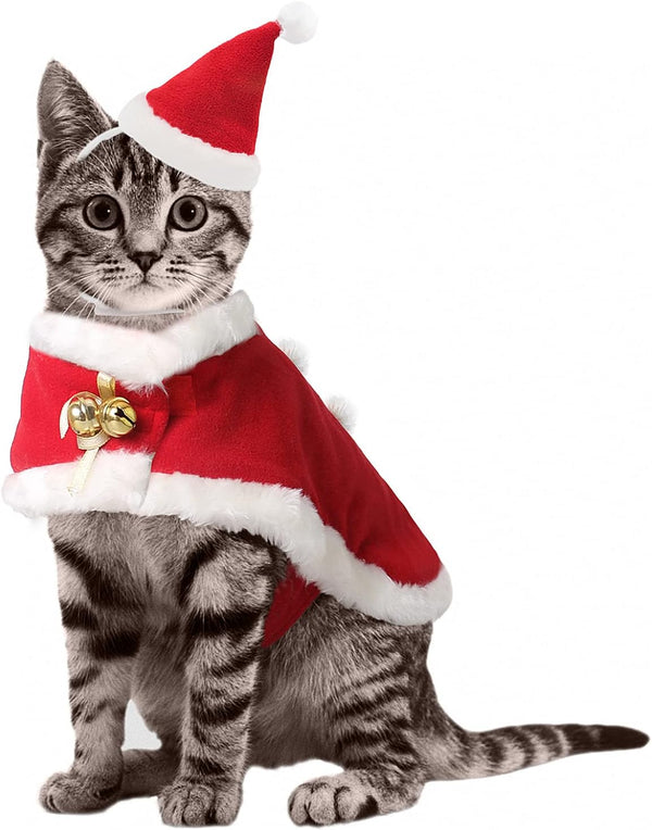 Cat Christmas Outfit Santa Hat with Clothes for Cats Small Dogs Kitten Christmas Costume Warm Xmas Cloak Coat Santa Claus Hat Red New Year Party Cosplay