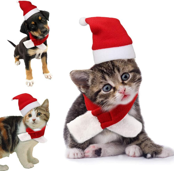 Cat Christmas Costume Santa Hat with Scarf Gift for Cute Pet Cats Small Dogs Xmas Outfits Clothes One Size