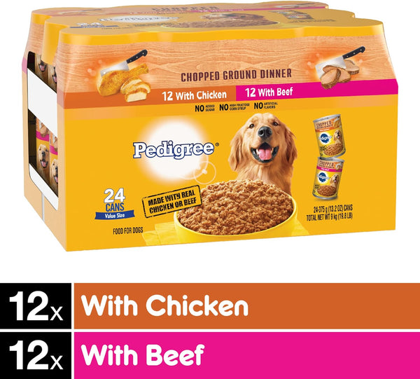 CHOPPED GROUND DINNER Adult Canned Soft Wet Dog Food Variety Pack, with Chicken and Beef, 13.2 Oz. Cans 24 Pack