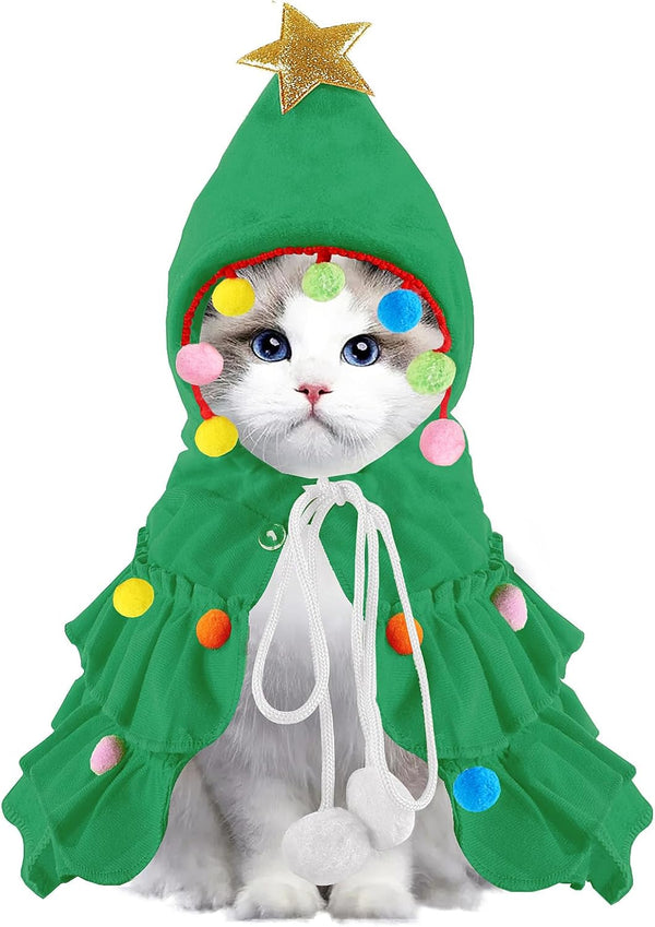 Cat Christmas Outfit Green Pet Cloak with Hat with Star and Pompoms Puppy Cape Clothes Xmas Tree Elf Costumes Party Pet Supplies Accessories for Small Dogs Cats Pet Santa Presents