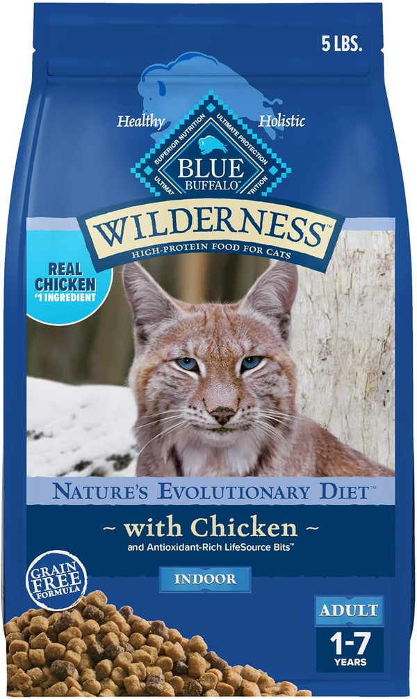 Blue Buffalo Wilderness Natural Adult Dry Cat Food Indoor Cats, High-Protein & Grain-Free, Chicken, 5-Lb. Bag