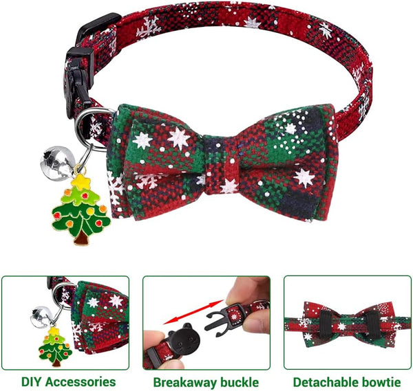 3Pack Christmas Cat Collars Breakaway with Bow Tie and Bell Christmas Adjustable Plaid Snowflake Collar Buckle Safety for Puppy Kittens