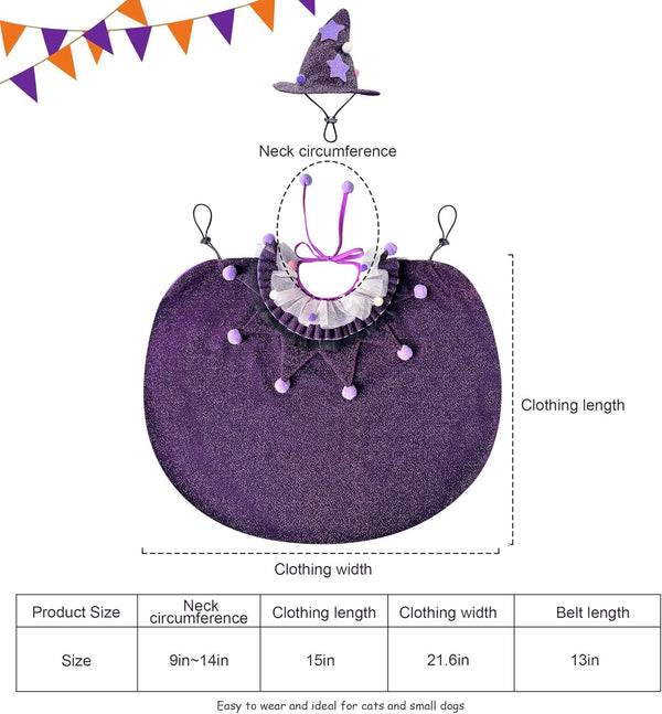 Pet Halloween Costume with Hat, Dog Clothes Cosplay Wizard Cloak for Small Puppy Kitten Animal, Shiny Cat Outfit Suit for Party Holiday Christmas, Purple