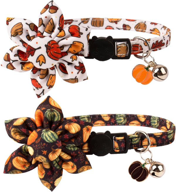 Thanksgiving Cat Collars with Removable Flower Bell, Adjustable Fall Thanksgiving Cat Floral Collars Thanksgiving Pumpkin Collars for Girl Cats Kittens (Thanksgiving)