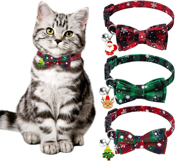 3Pack Christmas Cat Collars Breakaway with Bow Tie and Bell Christmas Adjustable Plaid Snowflake Collar Buckle Safety for Puppy Kittens