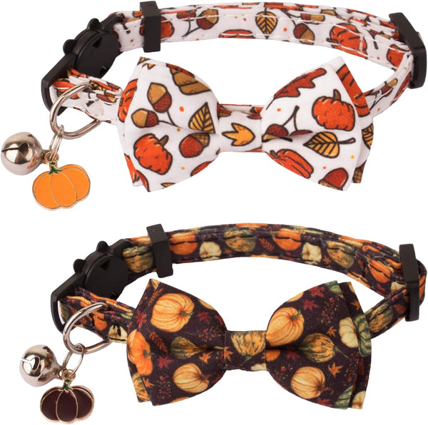 Thanksgiving Cat Collar Breakaway with Removable Bowtie Bell - 2 Pack Fall Pumpkin Cat Bow Collar Thanksgiving Bowtie Collars for Cats Kittens (Thanksgiving)