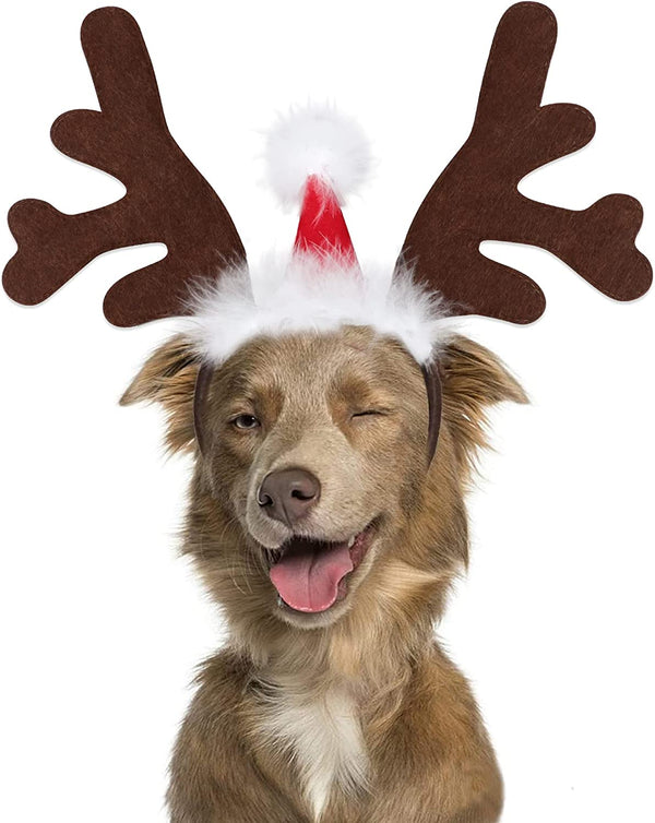 Dog Elk Reindeer Antler Headband with Santa Hat Pet Pet Christmas Costume Headwear Accessories for Dogs and Cats Large