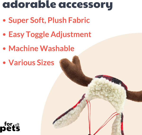 Pet Hat | Antler Buffalo Check (Large) | Festive Christmas Holiday Accessory for Dogs/Cats | Holiday Pet Hat | Snugfit Sliding Toggles for Best Fit