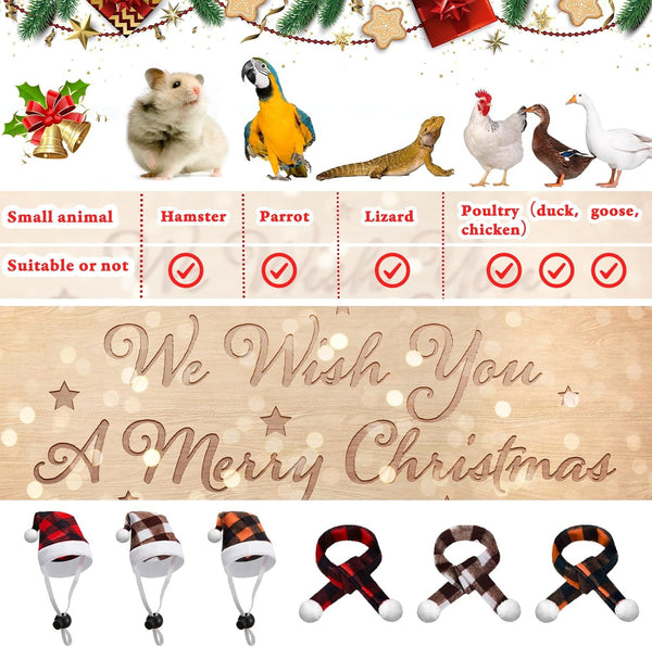 12 Pcs Christmas PET Hat Scarf Set Mini Santa Hat Scarf Xmas Small Animal Hat with Adjustable Chin Strap for Hen Duck Bunny Cat Dog Hamster Guinea Parrot (Plaid Style, Small)