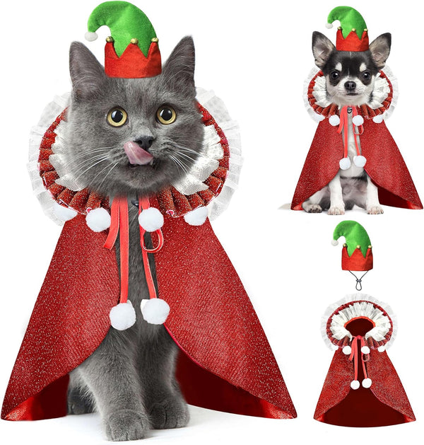 Pet Christmas Costume with Hat, Dog Halloween Clothes Cosplay Wizard Cloak for Small Puppy Kitten Animal, Shiny Cat Outfit Suit for Party Holiday, Red