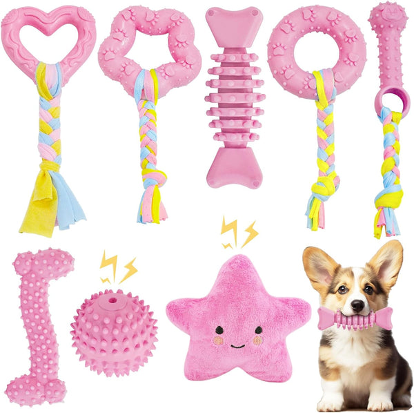 Puppy Toys, 8 Pack Puppy Chew Toys for Teething, Cute Pink Small Dog Toys Set, Teething Toys for Puppies, Soft Durable Interactive Chew Toy for Small Dogs