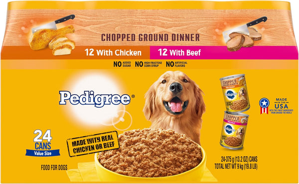 CHOPPED GROUND DINNER Adult Canned Soft Wet Dog Food Variety Pack, with Chicken and Beef, 13.2 Oz. Cans 24 Pack