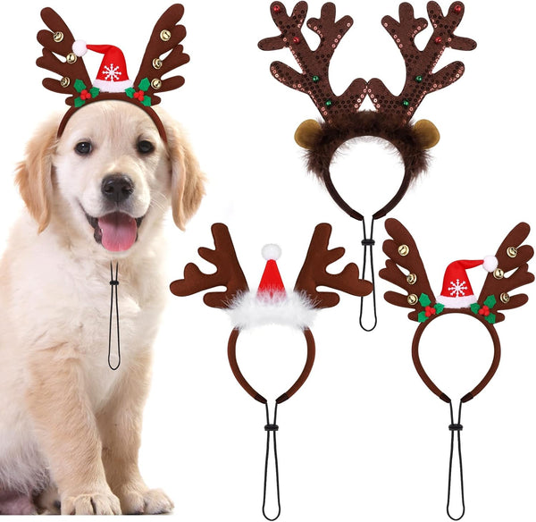 3 Pack Christmas Pet Headwear Xmas Hair Loop Brown Reindeer Antlers Headband Christmas Pet Costume Hair Accessory for Dogs