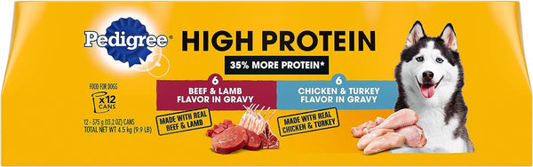 High Protein Adult Canned Wet Dog Food Variety Pack, Chicken & Turkey Flavor in Gravy and Beef & Lamb Flavor in Gravy,13.2 Oz Cans (Pack of 12)