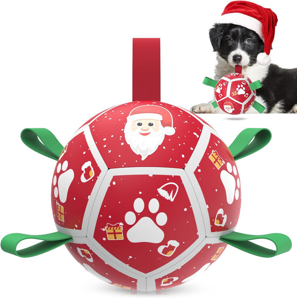 Christmas Dog Toys Soccer Ball with Straps, Outdoor Interactive Dog Toys for Tug of War, Puppy Birthday Gifts, Dog Tug Toy, Dog Water Toy, Durable Dog Balls for Small Dogs（5 Inch）