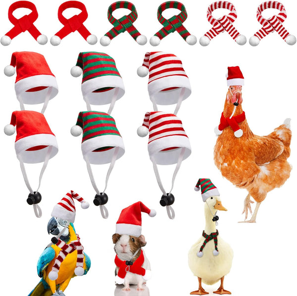 12 Pcs Christmas PET Hat Scarf Set Mini Santa Hat Scarf Xmas Small Animal Hat with Adjustable Chin Strap for Hen Duck Bunny Cat Dog Hamster Guinea Parrot (Stripe Style, Small)