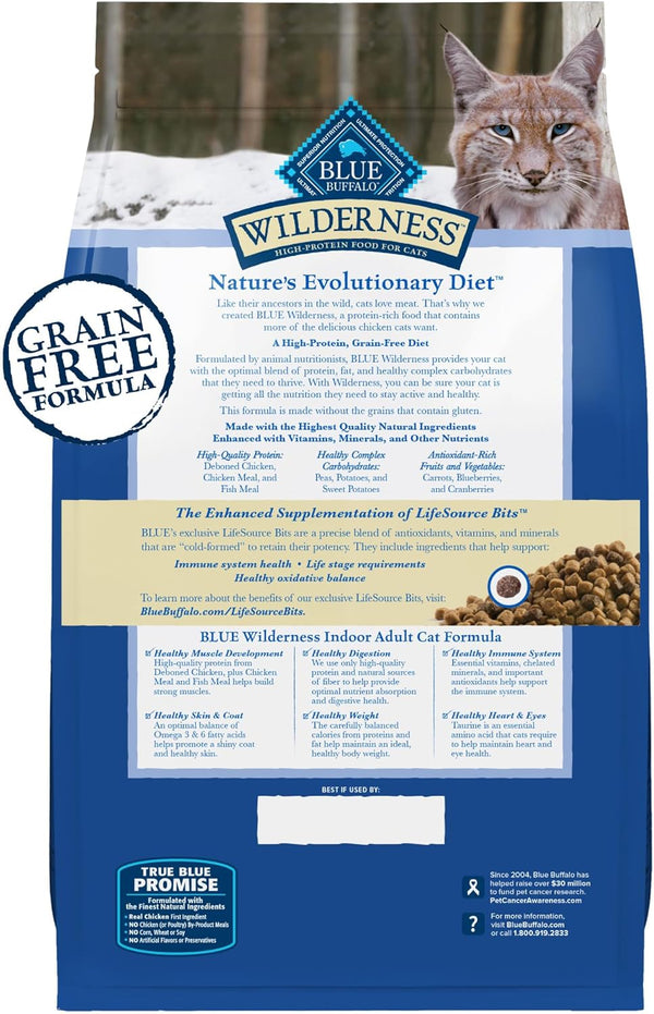 Blue Buffalo Wilderness Natural Adult Dry Cat Food Indoor Cats, High-Protein & Grain-Free, Chicken, 5-Lb. Bag