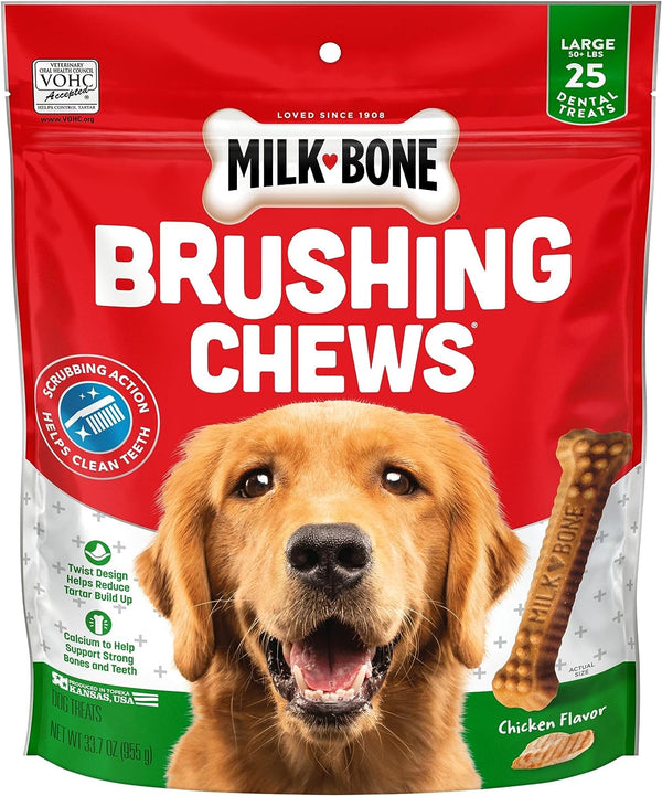 Original Brushing Chews 25 Large Daily Dental Dog Treats Scrubbing Action Helps Clean Teeth