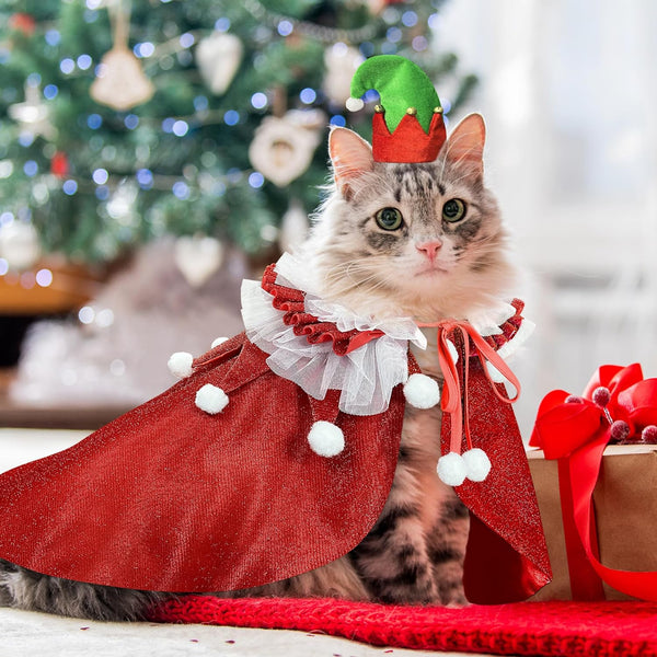 Pet Christmas Costume with Hat, Dog Halloween Clothes Cosplay Wizard Cloak for Small Puppy Kitten Animal, Shiny Cat Outfit Suit for Party Holiday, Red