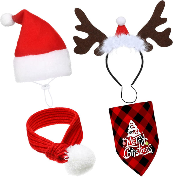 4 Pcs Adjustable 3D Christmas Dog Santa Hat, Christmas Classic Buffalo Plaid Pets Scarf, Christmas Reindeer Antlers Headband with Ears Pet Costume Accessories for Dogs and Cats (Funny Style)