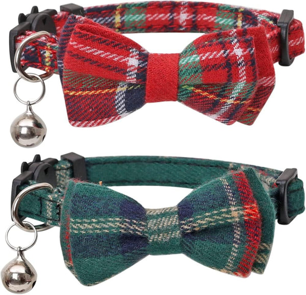 Christmas Cat Collar Breakaway with Cute Removable Bow Tie and Bell for Kitty Adjustable Safety Plaid