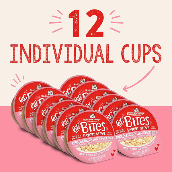 Lil Bites Savory Stews for Small Breeds Chicken & Chicken Liver Dinner in Broth, 2.7 Oz. Cups (Pack of 12)