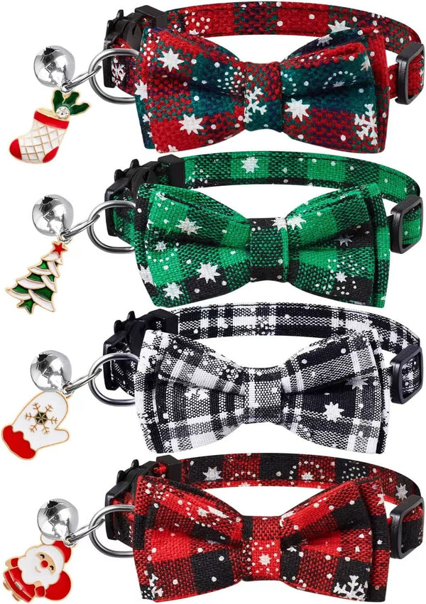 4 Pack Christmas Cat Collars with Bow Tie and Bell,Breakaway Kitten Collar for Girl Boy Cats,Adjustable 7-12Inch, for Kitty Kitten Adult Cats,Pet Supplies,Stuff,Accessories