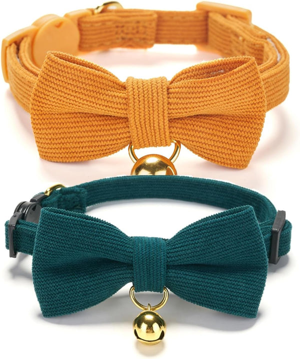 2 Pack Soft Corduroy Cat Collars with Bow Tie & Bell, Adjustable Breakaway Cotton Kitty Bowtie Collar for Girl Boy Kitten (Orange & Green)