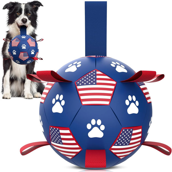 Dog Toys Soccer Ball with Straps - Durable Dog Balls for Small Medium Dogs, Beach Pool Dog Water Toy, Dog Tug Toys for Tug of War, Puppy Dog Birthday Gifts (6 Inch)