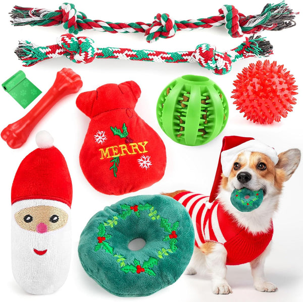 Christmas Dog Toys, 9 Pack Luxury Puppy Chew Toy, Cotton Squeaky Plush Toys for Small Dogs, Durable Interactive Rope Treat Dog Ball and Bones, Rubber Teething Toys for Puppies Dogs