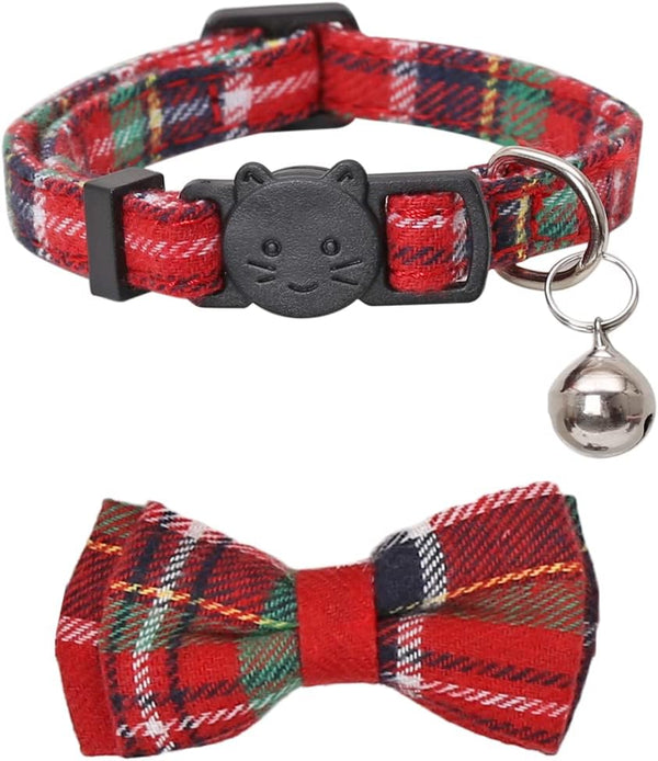 Christmas Cat Collar Breakaway with Cute Removable Bow Tie and Bell for Kitty Adjustable Safety Plaid