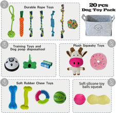 20Pcs Puppy Chew Toys for Teething, Dog Chew Toys with Rope Toys, Pet Dog Toothbrush, Treat Balls, Dog Plush Toys and Squeaky Toys for Small Medium Dogs, Cute Dog Toy with Basket